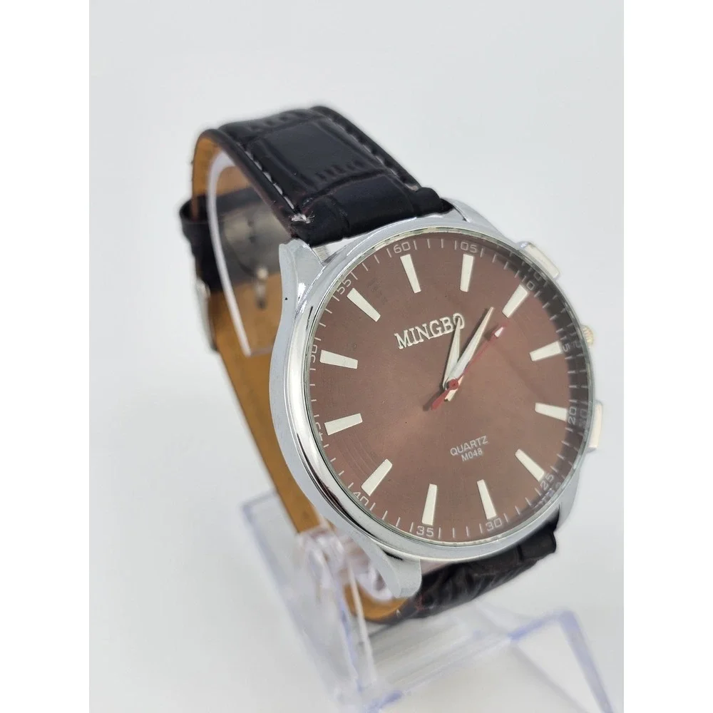 Men's Analog Watch‎ 45MM Brown Dial Dark Brown Faux Leather Bands New Battery